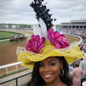 Elegant Yellow Derby Hat with Pink Floral Accents